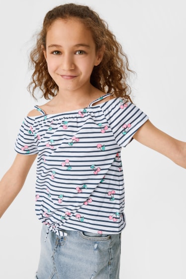 Dětské - Tričko s krátkým rukávem s detailem uzlu - pruhované - tmavomodrá/bílá