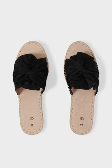 Dames - Sandalen met knoop in de stof - imitatiesuède - zwart