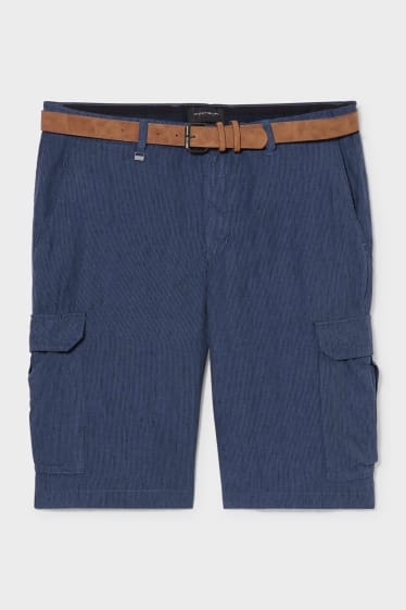 Men - Linen cargo bermudas with belt - dark blue