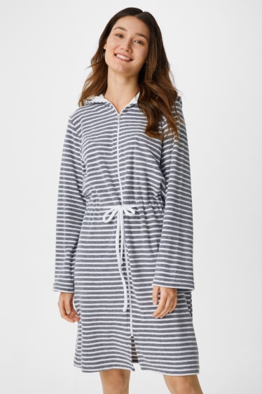 Women - Bathrobe with hood - striped - gray