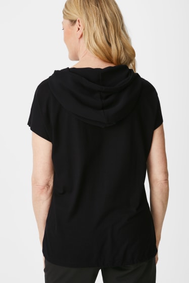 Dames - T-shirt met capuchon - glanseffect - zwart