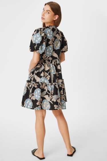 Women - Fit & flare dress  - floral - black / turquoise