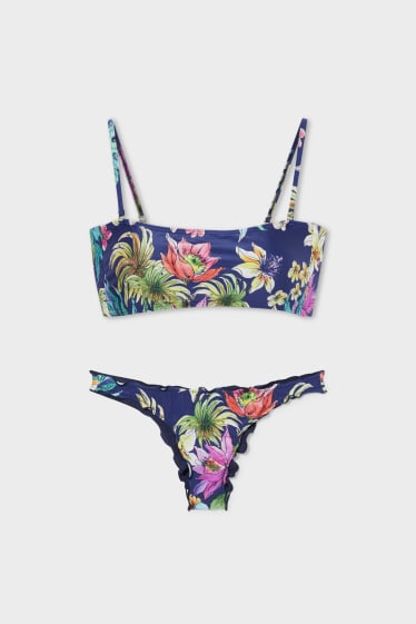 Donna - Bikini alla brasiliana - fiori - blu scuro