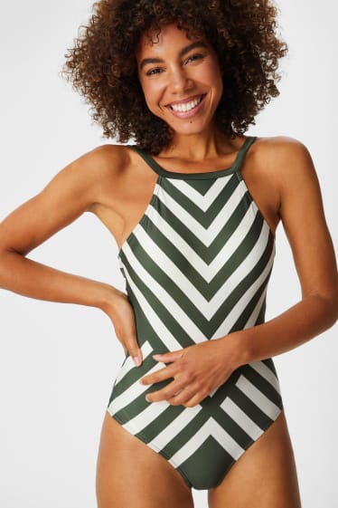Women - Swimsuit - Brazilian cut - padded - striped - dark green
