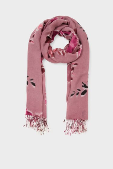 Women - Fringed scarf - floral - pink