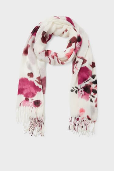 Women - Fringed scarf - floral - white