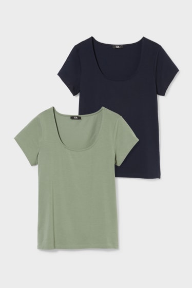 Dames - Set van 2 - T-shirts - donkergroen / zwart