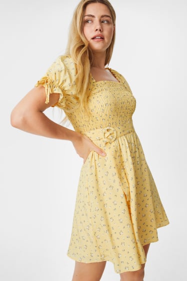 Women - Mini dress with belt - floral - light yellow