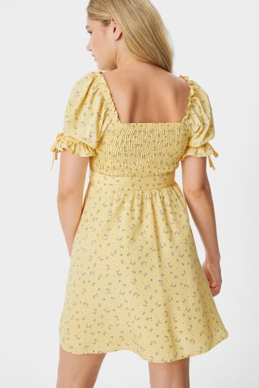 Donna - Mini vestito con cintura - fiori - giallo chiaro