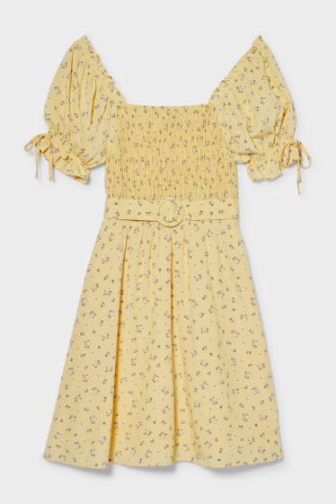 Women - Mini dress with belt - floral - light yellow