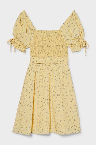 Femmes - Robe mini avec ceinture - motif floral - jaune clair