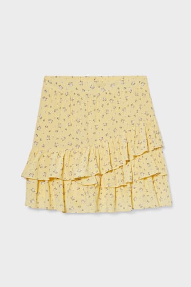 Femmes - Mini-jupe ornée de ruchés - motif floral - jaune clair