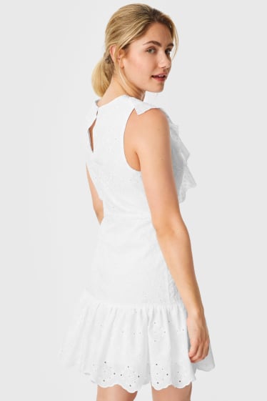 Donna - Mini vestito con ruches - ricami - bianco