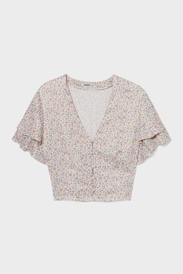 Dames - Cropped blouse met ruches - gebloemd - koraal