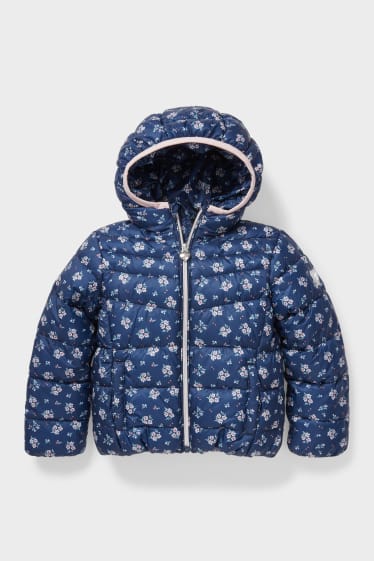 Kinderen - Gewatteerde jas met capuchon - gebloemd - donkerblauw