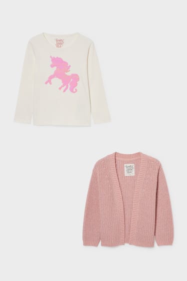 Kinderen - Set - gebreid vest en longsleeve - 2-delig - wit / roze