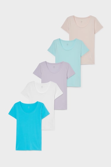 Damen - Multipack 5er - Basic-T-Shirt - blau / weiss