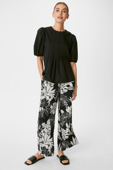 Donna - Pantaloni di stoffa - palazzo - a fiori - nero