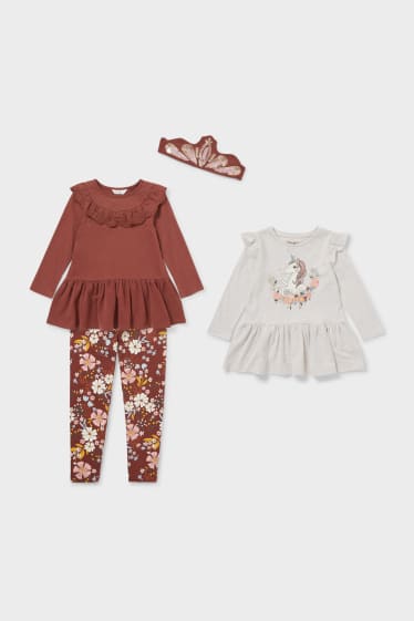 Bambini - Set - 2 vestiti, leggings e fascia per capelli - 4 pezzi - grigio / rosso scuro
