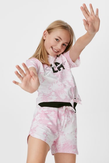 Children - Set - top, short sleeve T-shirt with hood and shorts - 3 piece - black / rose