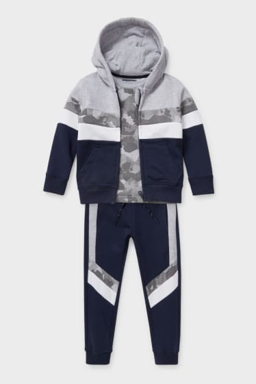 Children - Set - zip-through sweatshirt with hood, short sleeve T-shirt and joggers - dark blue