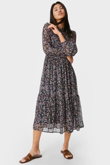 Femei - Rochie din șifon - cu flori - negru