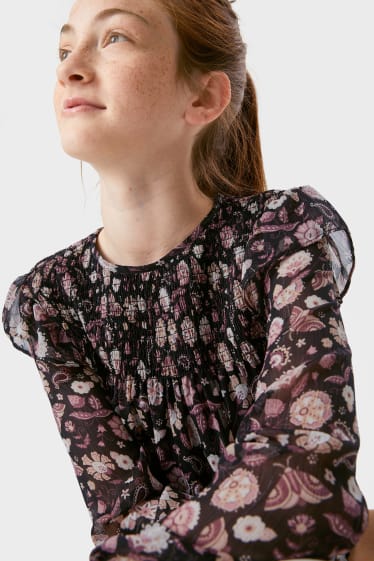 Children - Chiffon blouse - shiny - floral - black