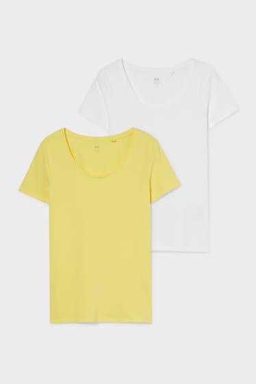 Dames - Set van 2 - basic-T-shirt - wit / geel
