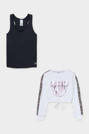 Enfants - Ensemble - sweat-shirt raccourci et haut - 2 pièces - effet brillant - blanc / noir