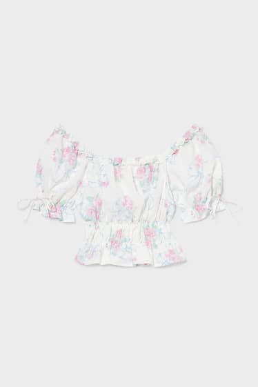 Femei - Bluză cu mâneci bufante - cu flori - alb