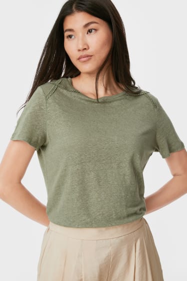 Damen - Leinen-T-Shirt - dunkelgrün