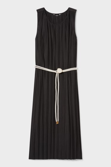 Dámské - Plisované šaty s páskem - černá