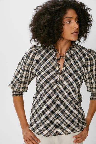 Women - Blouse - check - beige