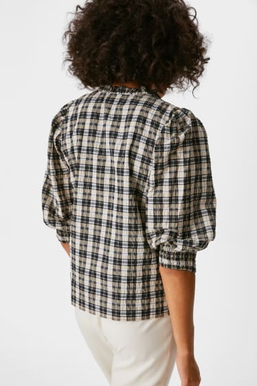 Women - Blouse - check - beige