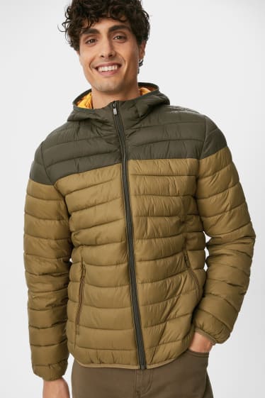 Men - Quilted jacket with hood - brown / dark green