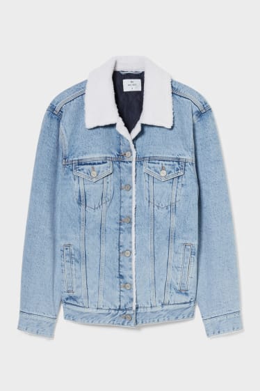 Women - Denim jacket with faux fur trim - blue denim