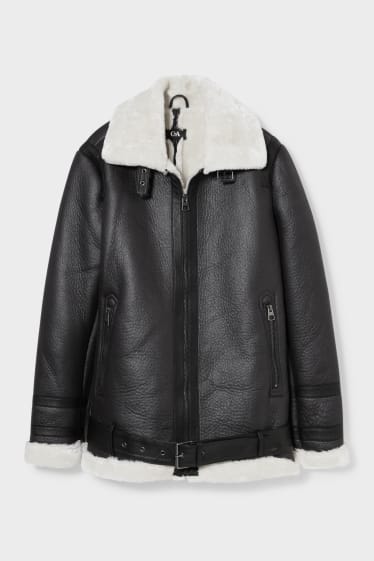 Women - Biker jacket with faux fur trim - lined - faux leather - black