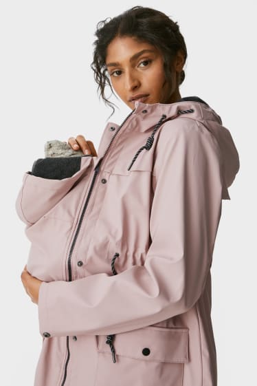 Femmes - Veste de pluie de grossesse à capuche avec empiècement porte-bébé - doublée - rose