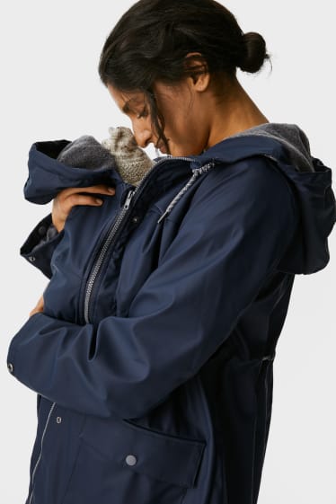 Donna - Giaccone impermeabile premaman con cappuccio e marsupio - foderata - blu scuro