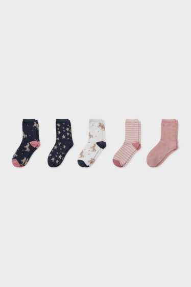 Kinderen - Set van 5 paar - sokken - glanseffect - roze / blauw