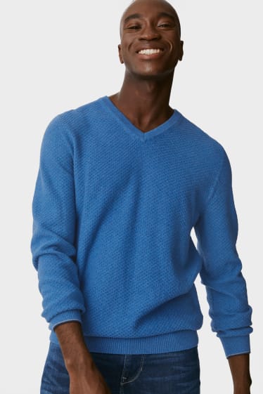 Heren - Fijngebreide trui met kasjmiergehalte - blauw