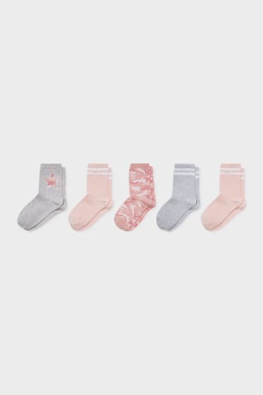 Kinderen - Set van 5 - sokken - glanseffect - grijs / roze