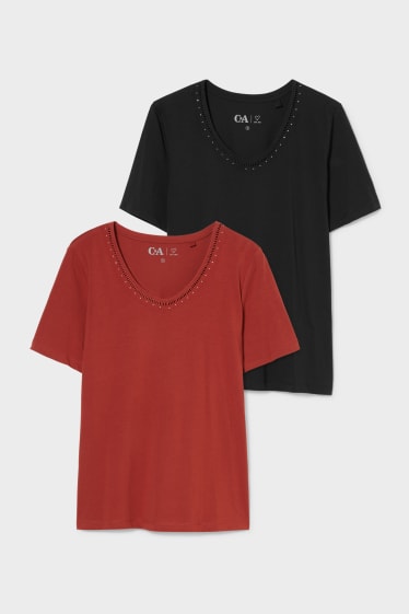 Dames - Set van 2 - T-shirt - donkerrood / zwart
