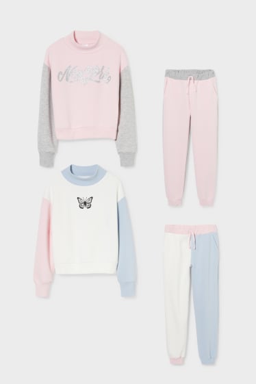 Kinder - Set - 2 Sweatshirts und 2 Jogginghosen - 4 teilig - weiß / rosa