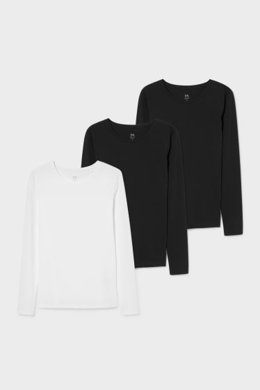 Dámské - Multipack 3 ks - tričko s dlouhým rukávem basic - černá/bílá