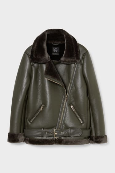 Women - CLOCKHOUSE - biker jacket with faux fur trim - lined - dark green