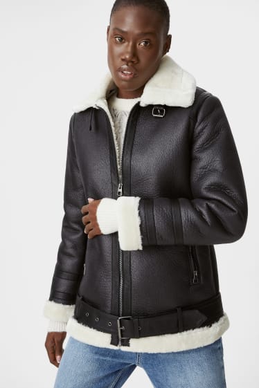 Femei - Jachetă motociclist cu aplicații din blană artificială - căptușită - imitație de piele - negru