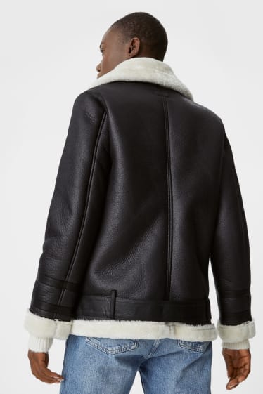 Women - Biker jacket with faux fur trim - lined - faux leather - black