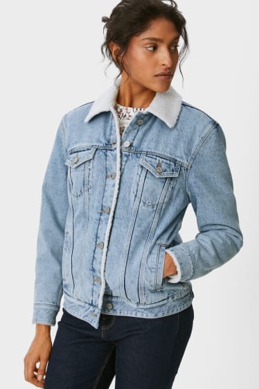 Women - Denim jacket with faux fur trim - blue denim