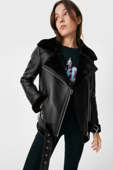 Women - CLOCKHOUSE - biker jacket with faux fur trim - lined - black